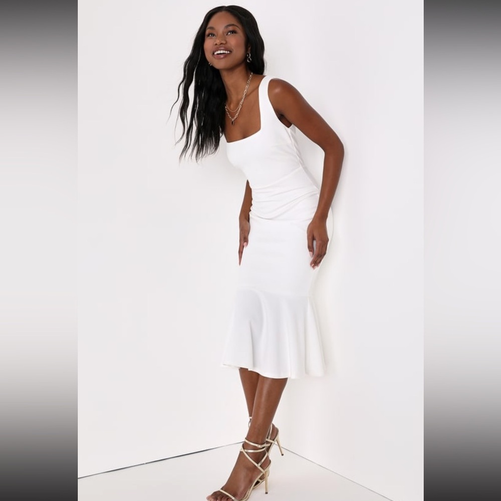 Lulus Moment Maker White Square Neck
Trumpet Midi Dress, Large - Picture 2 of 4